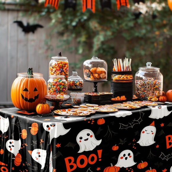 8-Pack Black Plastic Halloween Tablecloths | 54" x 108" Disposable Rectangle - Picture 5 of 6